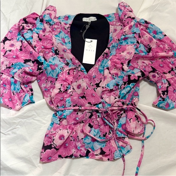 NWT Wayf Pink and Blue Floral Ruffle Blouse | Size Large - Picture 3 of 7